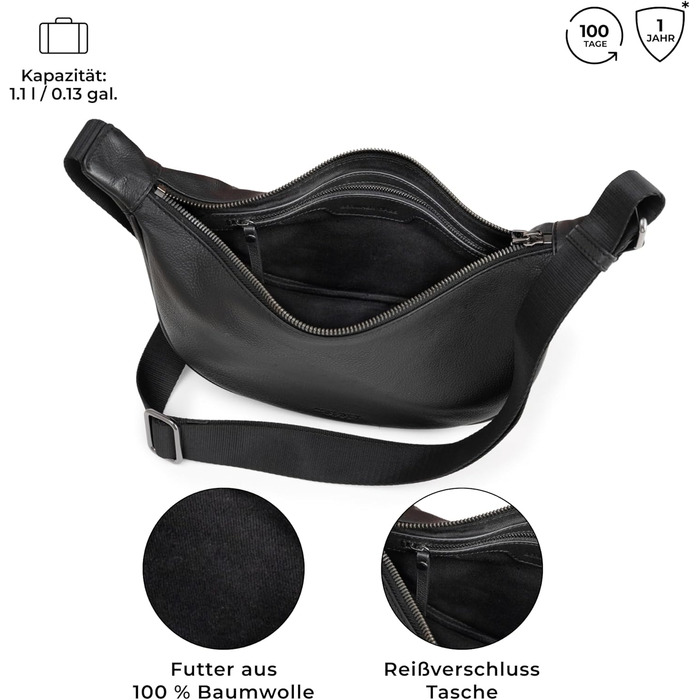 Сумка через плече Berliner Bags Luna, шкіряна напівмісяць, чорна. Жіноча сумка-багет