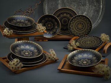 CreaTable MANDALA GOLD: 16-частинний набір посуду з каменю, чорний/золотий, для посудомийної машини та мікрохвильової печі