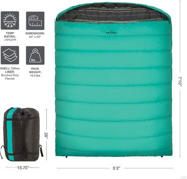 Сплячий мішок TETON Sports Mammoth Queen-Size Double для кемпінгу - теплий та зручний, 0°F (teal taffeta)