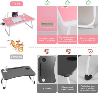 Стіл для ноутбука в ліжко, складний з USB, ручка, кишеня для карток, підсклянник, бічна шухляда, рожевий