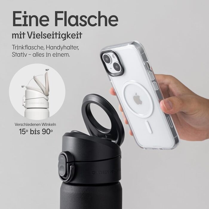 RhinoShield AquaStand Magnetic Bottle 700 ml | Stainless Steel Insulated Drinking Bottle with Straw, Sports Bottle with MagSafe-compatible Grip, Adjustable Angles, Leak-Proof - Black