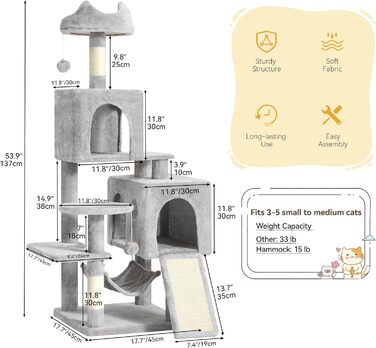 Кігтеточка YITAHOME XL, 137 см, з 2 сизалевими стовпчиками, 1 платформою, 2 хованками, гамаком, плюшевими кульками, дощечкою для заточування кігтів, котячий комплекс, сірий 45 x 45 x 137 см