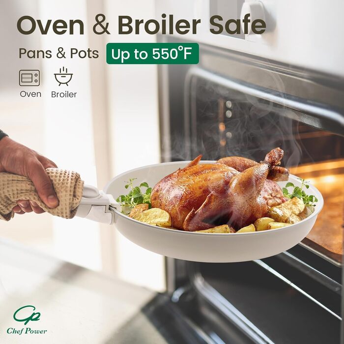 Набір посуду Chef Power Keramik 19-ти частинний, з антипригарним покриттям, знімний ручка, індукція, сумісний з духовкою, для дому та кемпінгу, сірий та білий