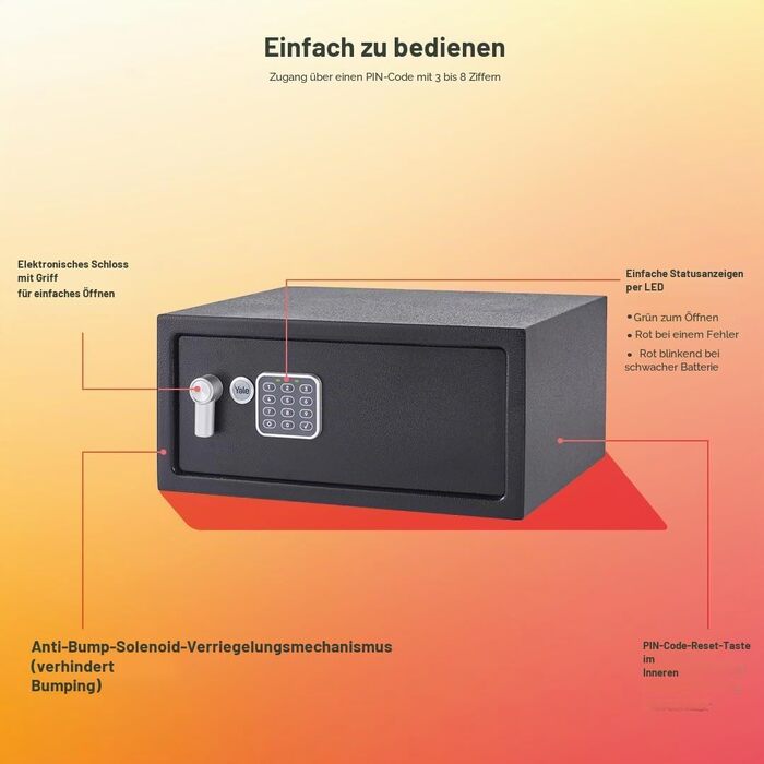Електронний готельний сейф Yale YLG/200/DB2 на 24 л з LCD-дисплеєм, кодовим замком та можливістю кріплення до стіни або підлоги, чорний (для ноутбуків)
