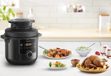 Moulinex Turbo Cuisine & Fry CE7788-2 in 1: Electric pressure cooker and air fryer up to 1450 W power, non-stick coated, 15 automatic programs, timer, accessories, black