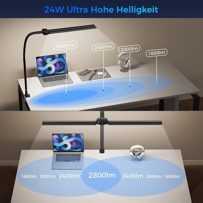 Світлодіодна настільна лампа з димером LED 1400LM 24W, подвійний гнучкий винос, чорна. З пультом ДУ, USB зарядка