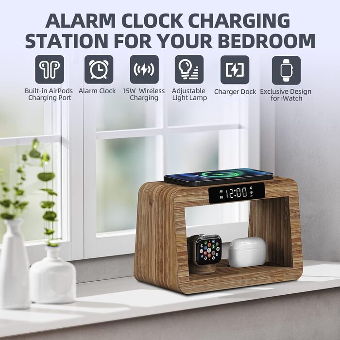 Багатофункціональна бамбукова зарядна станція 5-в-1 з бездротовим зарядним пристроєм, світлодіодним нічником та годинником, сумісна з Apple Watch, AirPods, Samsung Galaxy та іншими пристроями
