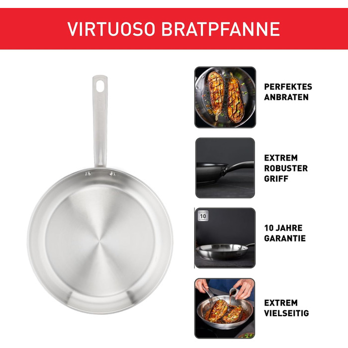 Сковорода Tefal Virtuoso 28 см з нержавіючої сталі, індукційна, довговічна, з ергономічною ручкою - E49206