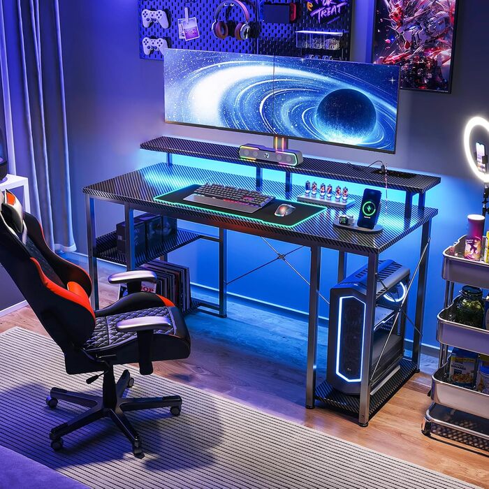 Ігровий стіл Coleshome з LED-підсвічуванням 120x50 см, з 2 розетками та 2 USB-портами, стіл для комп'ютера з підставкою для монітора та місцем для зберігання, для дому та офісу, чорний