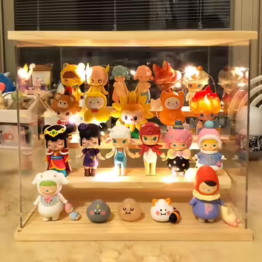 Joody Vitrine made of acrylic, Plexiglas boxes with 2 tiers, display case with door for Pop figures, minifigures, collectible toys, storage organizer for display case, dustproof with 2 shelves (Extended) – Original wood color (4 tiers – Walnut wood)