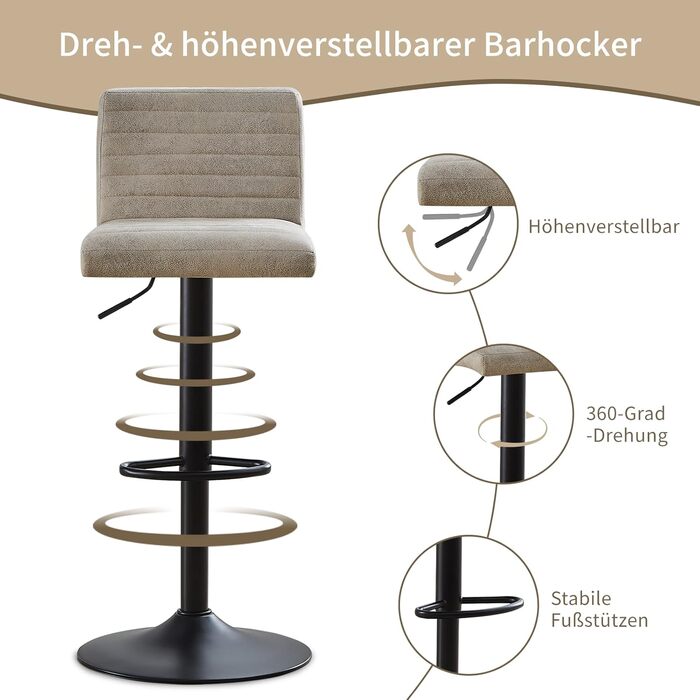 JYMTOM Adjustable Bar Stools Set - Velvet Upholstered Swivel Counter Stools for Bar, Kitchen, Bistro, Cafe & Dining Room (Set of 4, Beige)