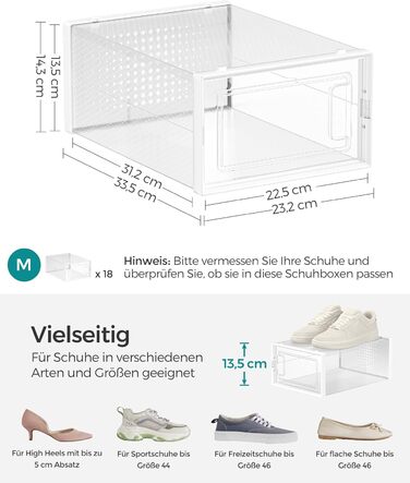 SONGMICS Shoe Boxes, 18-Piece Set, Plastic Shoe Organizer, Foldable and Stackable, for Shoes up to Size 44, Transparent-White LSP18SWT