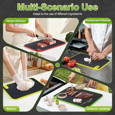 Набір з 3 дощок для нарізання з пластику, кухонні дошки з антибактеріальним покриттям, неслизькі з жолобом для соку та пресом для часнику (червоний, жовтий, зелений)