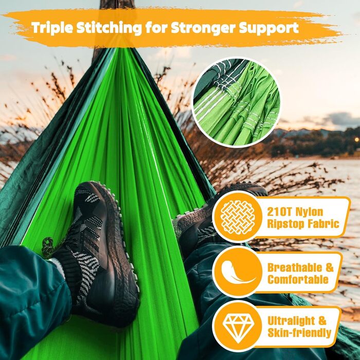 Гаммак для кемпінгу NATUREFUN Ultraleicht | 300 кг, 300x200 см, дихаючий, швидковисихаючий, нейлон | 2 карабіни, 2 петлі | Зелений, для відпочинку на природі