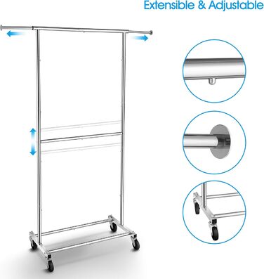 Simple Trending Clothes Rack with Double Rod, Rolling Garment Rack