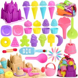 Joyreal 48-Piece Sand Toy ICE Set Girls Boys - Sandbox Toys Beach Toys Kids with Castle Bucket, Sand Shovel, ICE Cream, Dessert, Vehicle for Kids 3 4 5 6 7 Years
