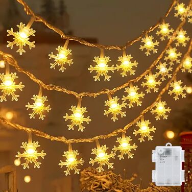 LED гірлянда Шнеєфлоке, 6 м, 40 LED, на батарейках, з таймером, IP65, вологостійка, для декору саду, дому, кемпінгу, Різдва, тепле біле світло