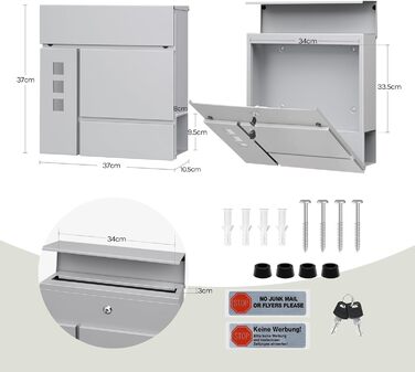 Поштовий ящик WOLTU XXL з відділенням для преси, захистом від реклами, оглядовим вікном, замком (2 ключі), антрацит (сірий) 37x37x10.5 см
