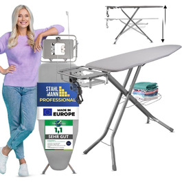 Сталевий XXL-Bügelbrett від STAHLMANN® для парогенераторів [130x48 поверхня для прасування] – стабільний стіл для прасування з покриттям [100% бавовна], Made in EU
