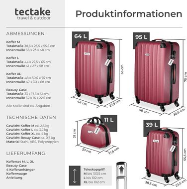 Набір валіз Tectake® 4 шт. з ваговою та ідентифікатором, 360° колеса, жорсткий корпус із замком, велика валіза, вкладна, ручна валіза - Бордовий