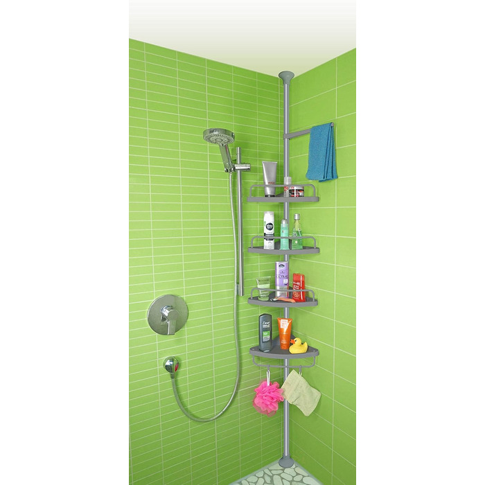 Stardis Telescopic Corner Shelf, Stainless Steel, Rust-Proof with 4 Shelves, Shower Shelf, Telescopic Shelf for Shower, Bathroom, Shower Shelf, Height Adjustable from 120-300 cm, Grey