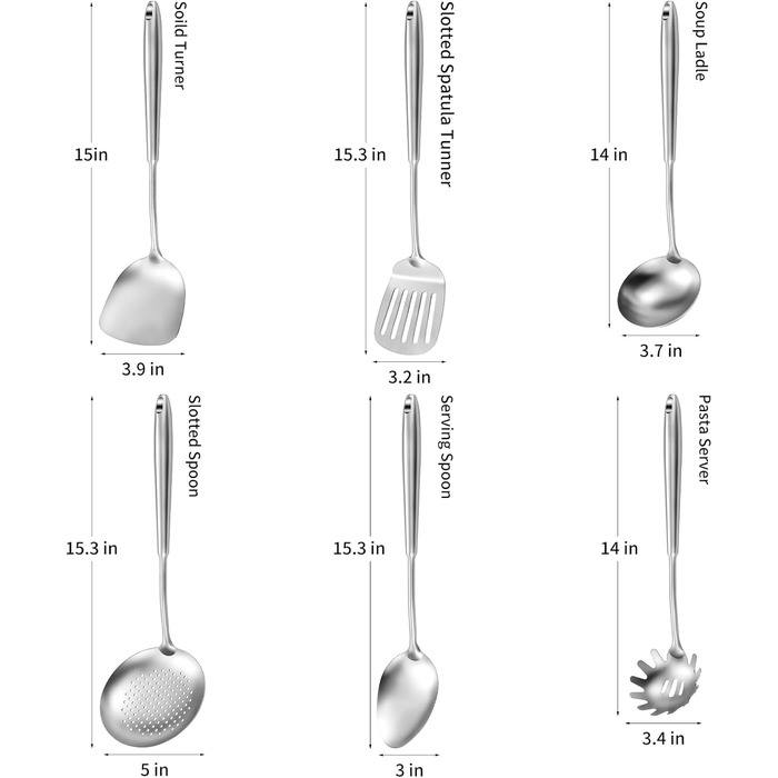 Набір кухонних аксесуарів 304 нержавіюча сталь, 12 предметів - набір кухонних інструментів з лопаткою, половником, ложкою, шумівкою, лопаткою для перевертання, щипцями (безпечно мити в посудомийній машині), сріблястий колір