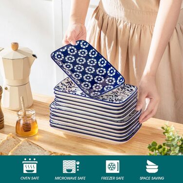 Набір сервірувальних тарілок Vancasso Selene (6 шт.) - великі, прямокутні, порцелянові, для свят, сніданків, фуршетів, сирної тарілки, мікрохвильова піч та посудомийна машина, блакитно-білий колір