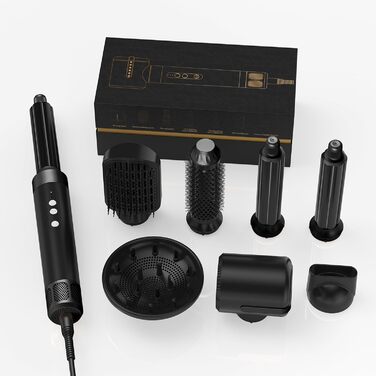 Набір для укладки волосся 7-в-1: фен, дифузор, щітка для укладки, автоматична плойка, випрямляч, чорний, 110000 RPM