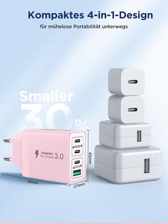 Двопакет USB-C зарядний пристрій Aioneus 4 порти, 40W, PD 3.0, для iPhone, Samsung та інших телефонів (рожевий)