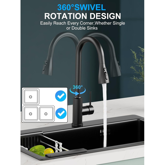 Змішувач кухонний висувний з нержавіючої сталі з 360° обертанням та 4 режимами, для кухонних мийок, з ABS-розпилювачем, підходить лише для ЄС (G3/8)