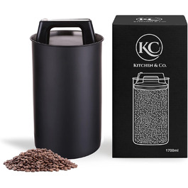 Контейнер для кави KC Kitchen & Co. – герметичний, 1700 мл, нержавіюча сталь, вакуумний клапан, для кави, чаю, цукру, мюслі, матовий чорний