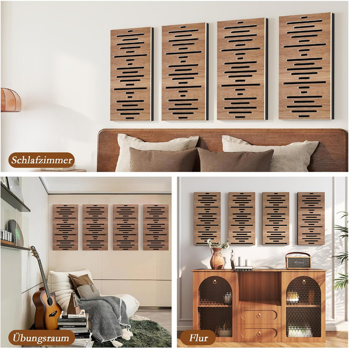 Акустичні панелі JBER для звукоізоляції стін, самоклеючі шумопоглинаючі плити з імітацією горіха (еліптичні лінії), 60×30×4.5 см, 4 шт. — для студії звукозапису та дому