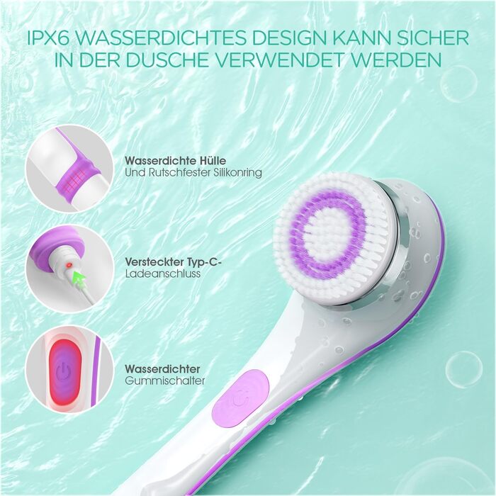 VOYOR Back Brush Shower Brush Body Brush Electric Back Scrubber with Long Handle Waterproof Rechargeable with 4 Cleaning Heads for Spa Shower Exfoliating Massage Brush BC100 (Purple)