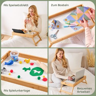 Бамбуковий приліжкові столики Blumtal з дерев'яною підпоркою для планшетів/телефонів - піднос для сніданку в ліжко - складаний приліжкові столики 50 x 30 x 6 см - сервірувальний піднос на ніжках - стійкий приліжкові столики (Білий)