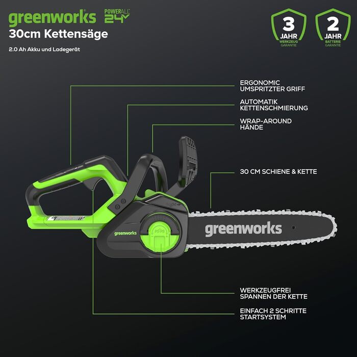 Акумуляторна ланцюгова пила Greenworks G40CS30II 40V, шина 30 см (12