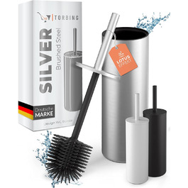 Тойлетний щітка TORBING Design з нержавіючої сталі з закритим тримачем - щітка для унітазу з силікону з ефектом лотоса - сучасний дизайн, елегантні кольори, подовжений ручка (Brushed Steel Silver)