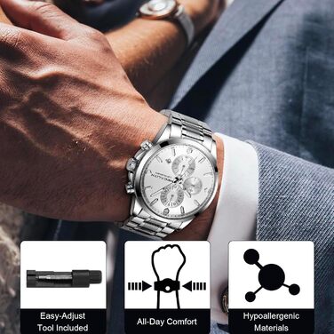 MEGALITH Чоловічий годинник з нержавіючої сталі, Хронограф, Водостійкий, Аналоговий годинник для чоловіків, Бізнес-дизайн, Календар, Світіння (B-silver)