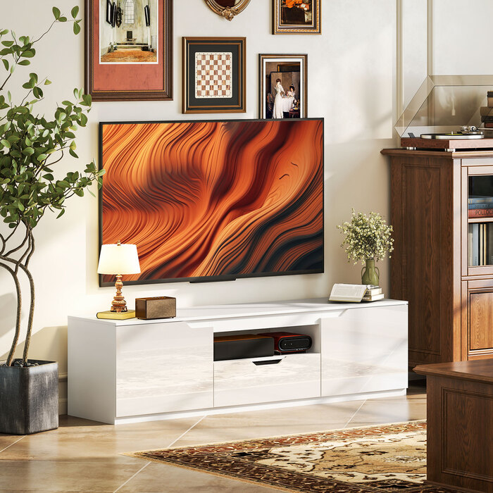 HOMCOM TV Stand with High-Gloss Finish, Holds TVs up to 65'', 3 Shelves, 1 Drawer, 160 x 38 x 43 cm, White