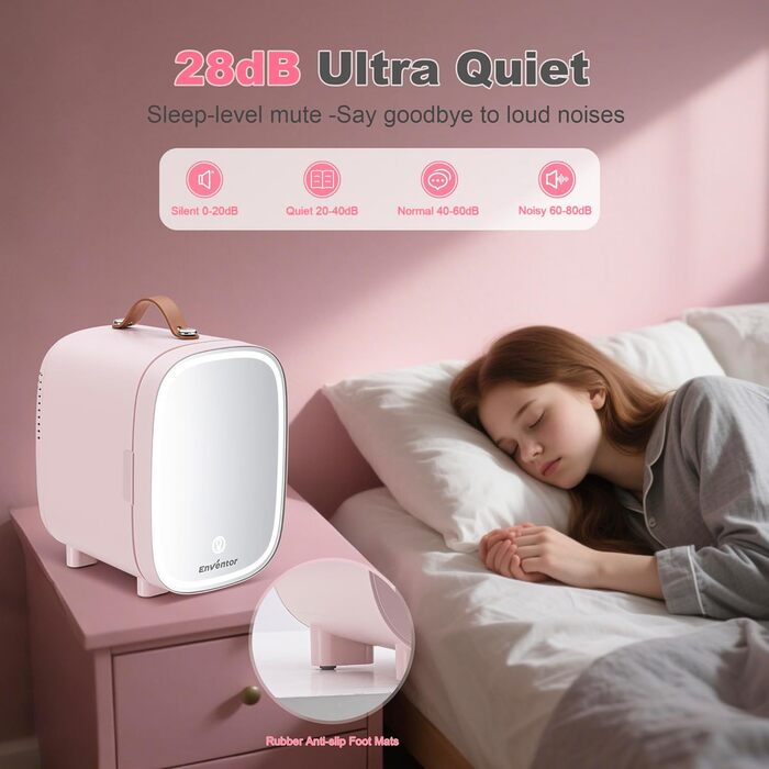 Mini-холодильник Enventor 4L (6 банок) з LED-дзеркалом, охолодження/нагрівання, рожевий