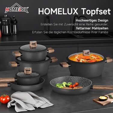Набір каструль HOMELUX 10 частин з нержавіючої сталі, індукційне дно, з кришками, чорний
