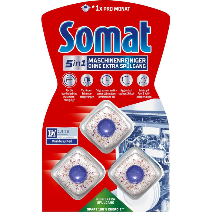 Очищувач для посудомийних машин SOMAT 5in1 Anti-Kalk, засоби для щомісячного чищення та догляду за пральною машиною, 3 шт