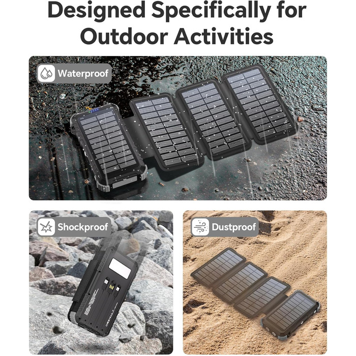 Сонячний Power Bank 26800mAh з 5 виходами USB та USB-C, водонепроникний, з ліхтариком та карабіном, для кемпінгу та зарядки телефонів/планшетів (сірий)