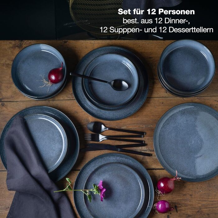 Moritz & Moritz VIDA Dinnerware Set for 12 People Blue 36-Piece - Modern Porcelain Dinnerware Set - Scratch, Microwave & Dishwasher Safe, Dining Service, Table Service, Combination Service for 12 People