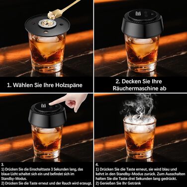 Електричний набір для копчення віскі, коктейльний дим-сет з LED-підсвічуванням, ретро-набір для копчення з 6 дерев'яними чіпсами, USB-C перезарядна аксесуар для віскі та бурбону