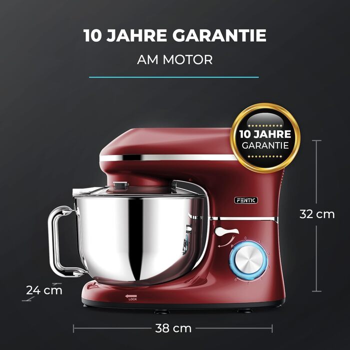 Fentic 2000W Stainless Steel Stand Mixer with 6.2L Bowl - Includes Dough Hook, Whisk, Beater & Splash Guard - Red