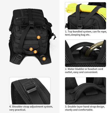 Тактичний рюкзак HUNTVP 30 л, водонепроникний, Molle, для спорту, подорожей, кемпінгу та туризму, чорний