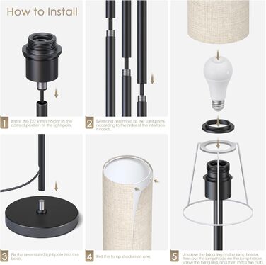 Світлодіодна торшер 9W з регулюванням яскравості, 3 колірні температури, Е27, абажур з льону, вимикач на ніжці, вінтажний стиль, сірий колір