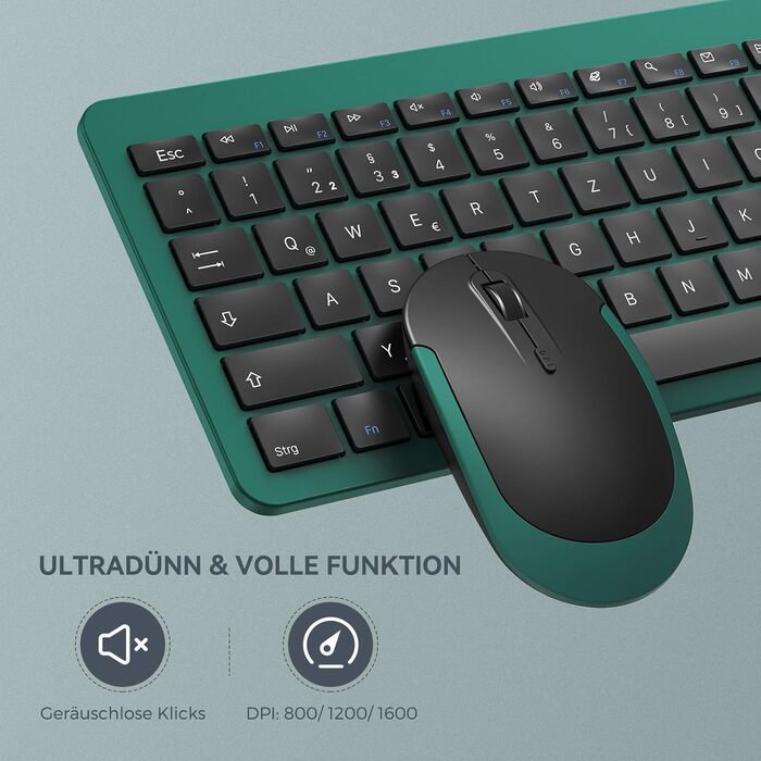 Бездротовий комплект клавіатури та миші Seenda SK38-3 Ultra-Dünne, Ergonomічна клавіатура з захистом від пилу, DE QWERTZ, чорний/зелений