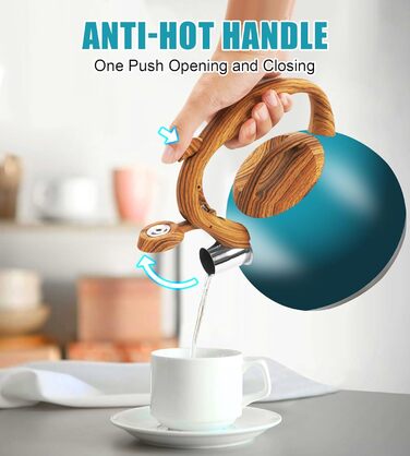 Чайник-свисток Foedo 3.2 л з нержавіючої сталі з дерев'яною текстурою, 3.2 л, для чаю, кави та молока, класичний дизайн, червоний (градієнт темно-зеленого кольору)