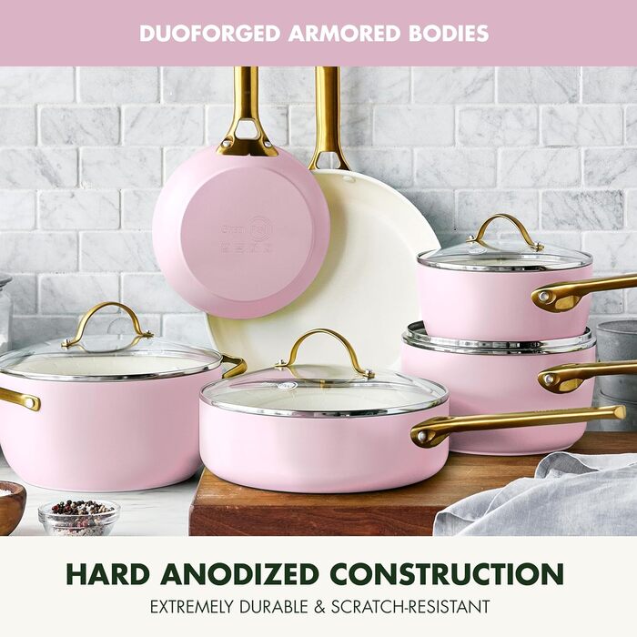 GreenPan Reserve Hard Anodized Healthy Ceramic Non-Stick Cookware Set, 10 Pieces, Including Frypans, Sauté Pan, and Saucepan, Gold Handle, PFAS-Free, Induction, Oven-Safe, Rosy Red 10-Piece Cookware Set Light Pink